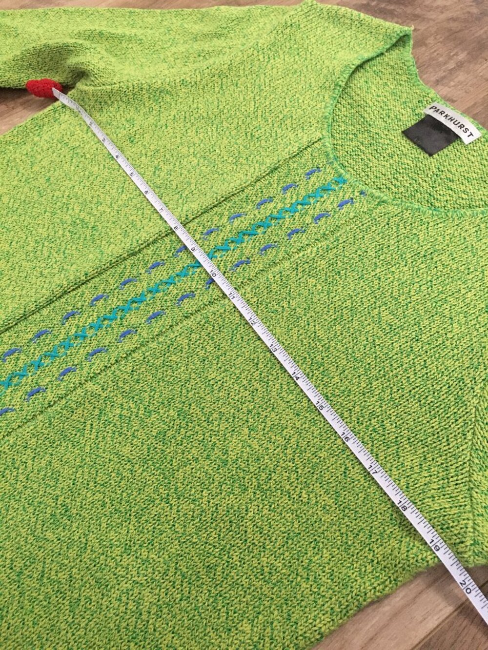 Vintage 90s Parkhurst Lime Green Knit Stitchwork Cotton Blend Sweater L - Picture 13 of 16